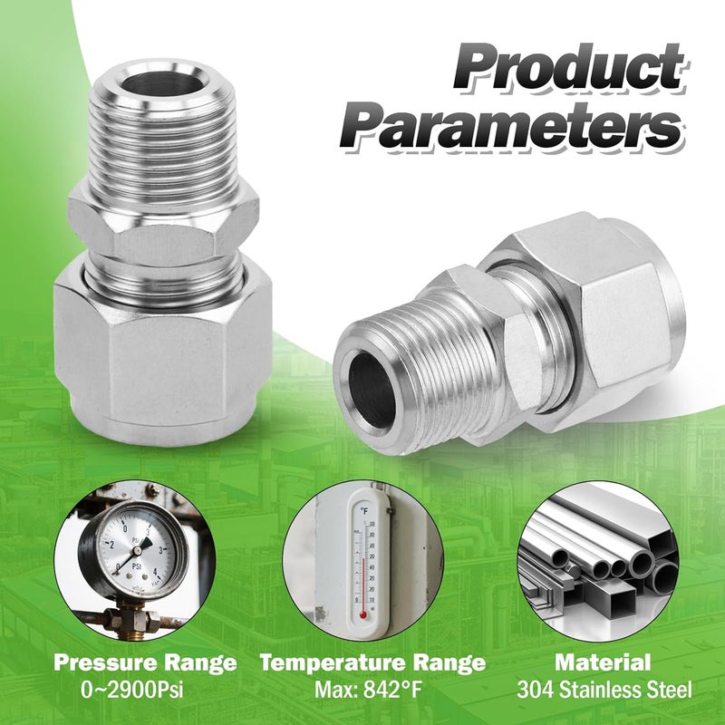 Goldpea Stainless Steel 304 Compression Adapter 3/8" OD x 3/8" NPT Male Tube Fitting, Pack of 2 - Image 3